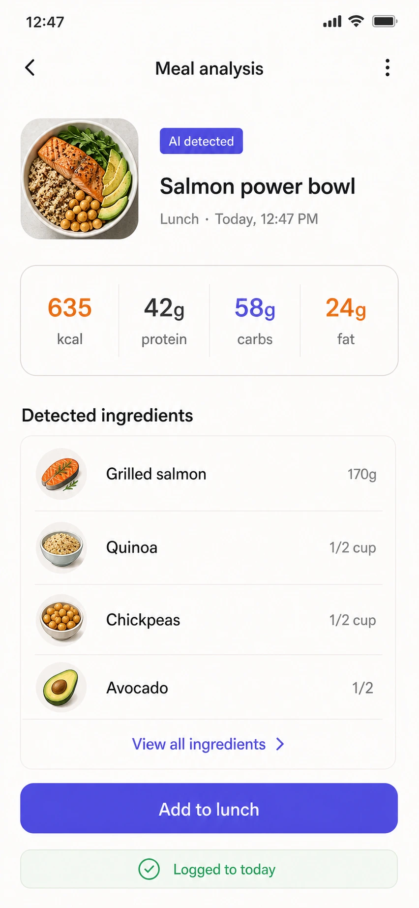 ZenFit AI meal analysis screen showing calories, macros, ingredients, and logging action